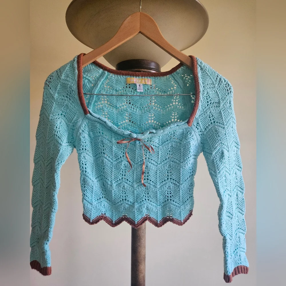 NWOT Urban Outfitters Aqua Open-Knit Sweater with Brown Trim - Picture 1 of 17